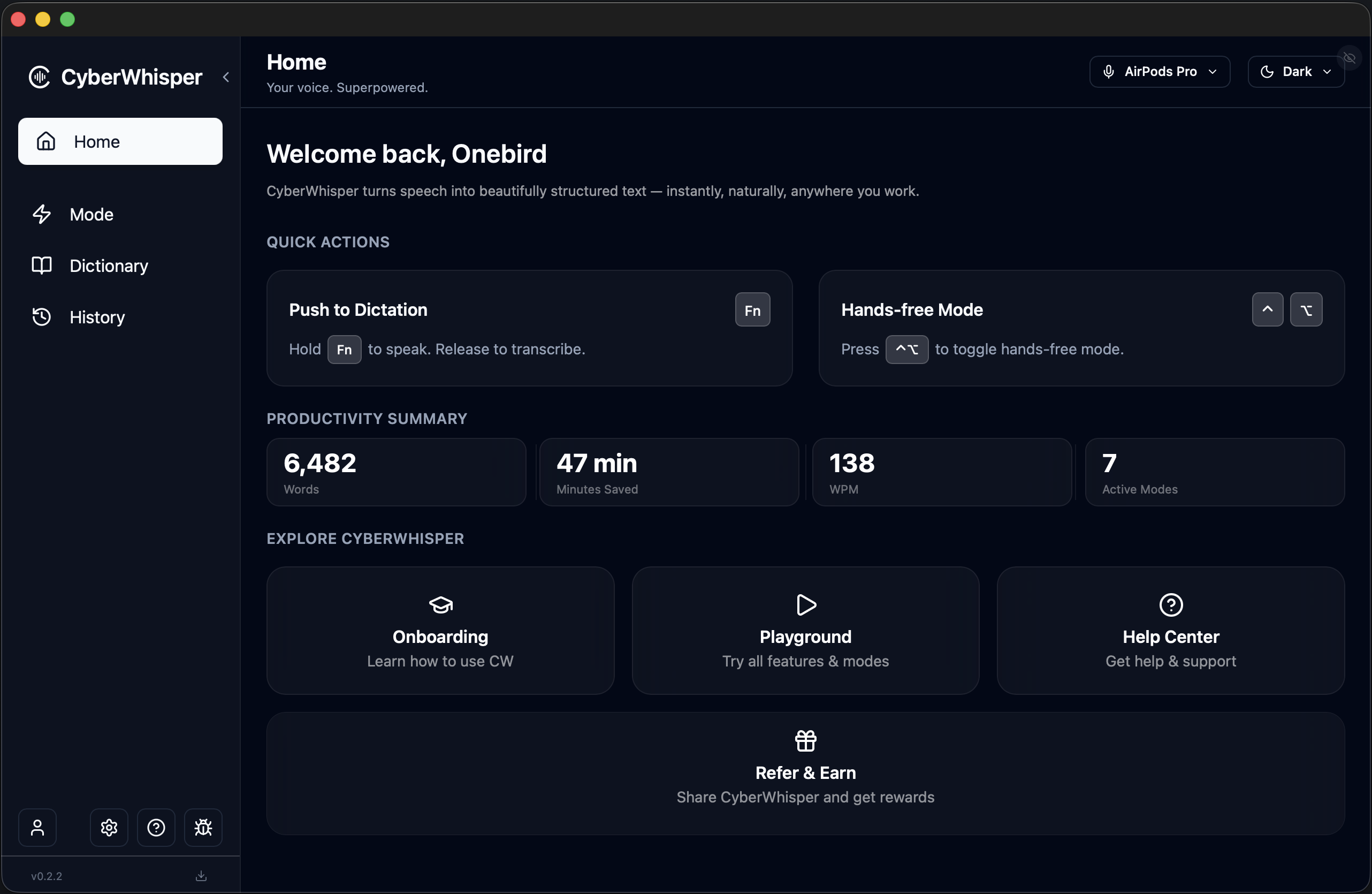 CyberWhisper macOS voice input app with dark mode — real-time transcription, hands-free dictation, and AI text formatting in any app